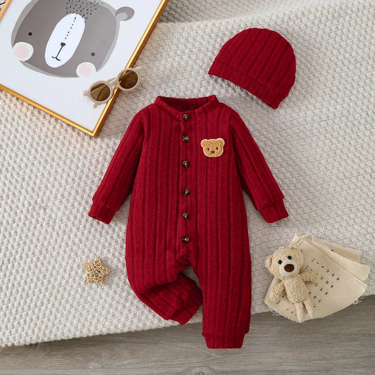 Combinaison bébé automne-hiver boutonnée avec bonnet assorti