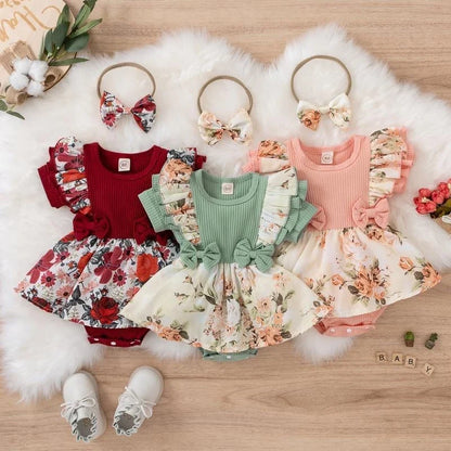 Robe bébé fille d'été en coton fleuri avec nœud