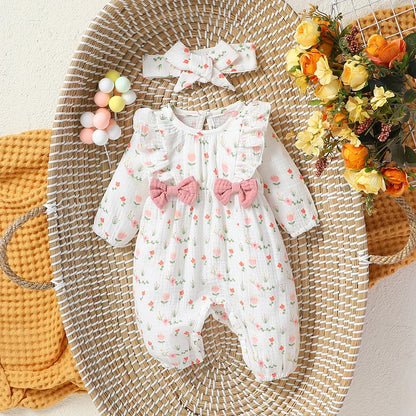 Combinaison bébé fille fleurie avec bandeau assorti